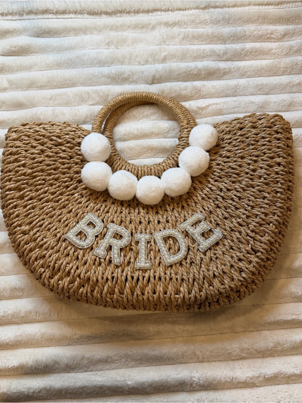 Bride Embellished Straw Tote in Natural with White Pom Detail